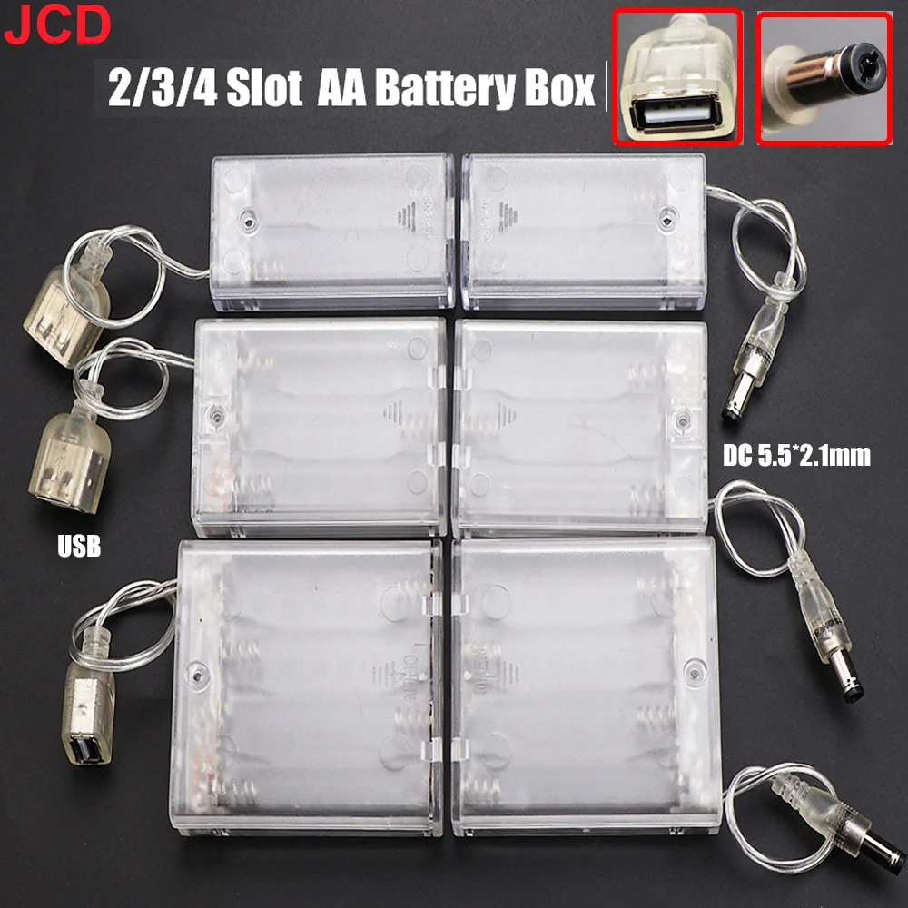 JCD 1pc DC5.5*2.5mm USB Socket AA Clear Battery Box Case With Cover ON/OF Switch 2/3/4 Slot AA Battery Holder Storage Case