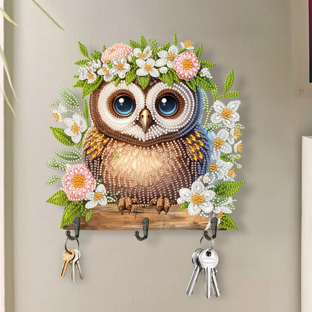 Wooden Special Shape Owl Diamond Art Hanging Hooks Diamond Art Craft Wall Hooks Rhinestone Painting Coat Hook for Wall Cabinet