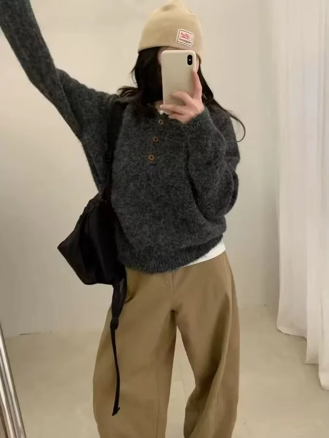 Cappotto maglione lavorato a maglia Ele da donna vestibilità ampia collo alto abbigliamento interno f collo alto autunno inverno capispalla morbido Thiened