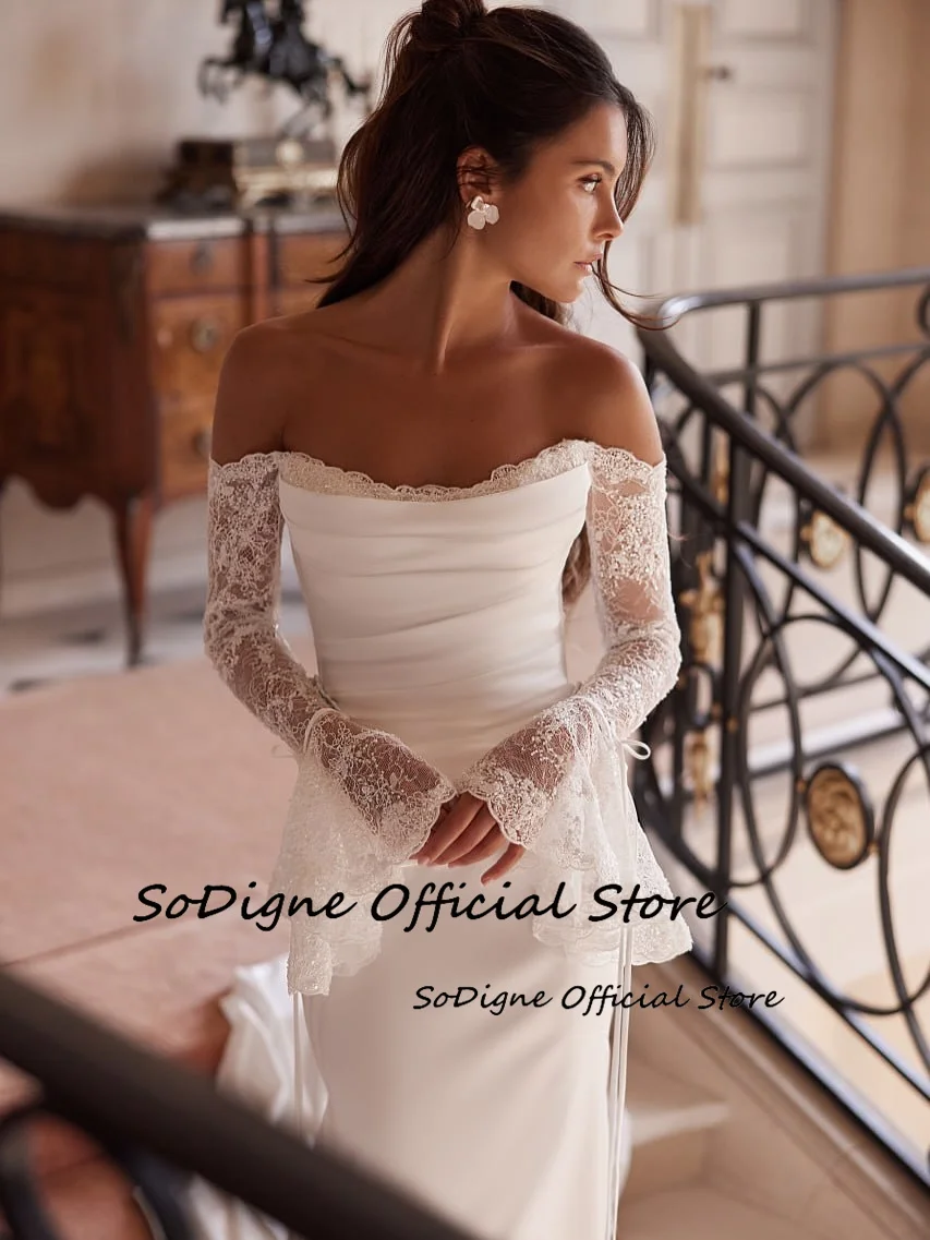 ﻿   فساتين زفاف SoDigne حورية البحر بدون أكتاف وأكمام طويلة من الدانتيل فستان زفاف على الشاطئ فستان العروس vestidos de novia مخصص