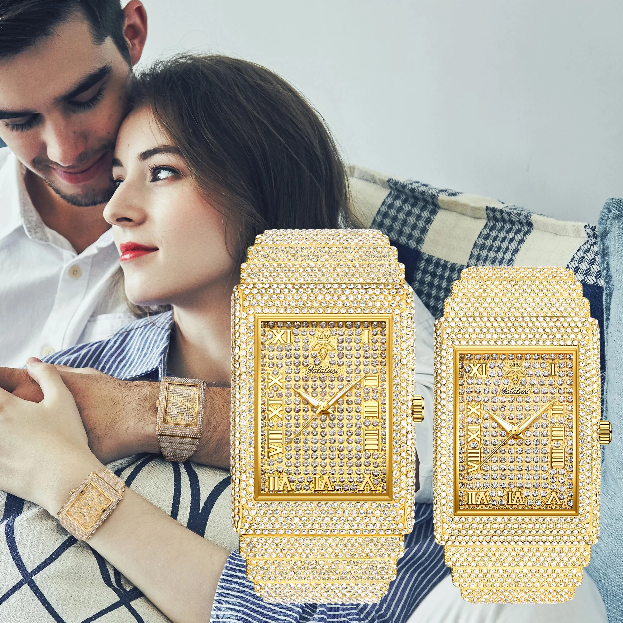 YaLaLuSi Brand Sparkling Couple's Quartz Watch Stylish Golden Star Rhinestone Watch Gift Box Gift for Couple