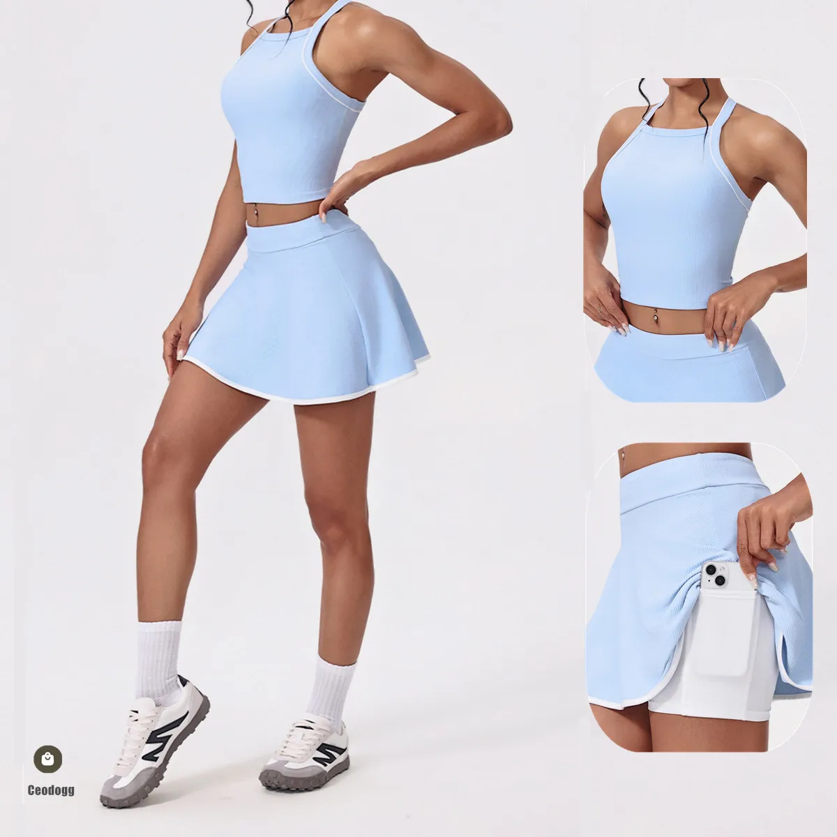 

2Pcs Pocket Yoga Sets Workout Bra Women Suits Crop Tank Tennis Anti Short Skirt Outfits Fitness Sports Gym Active Wear XP54