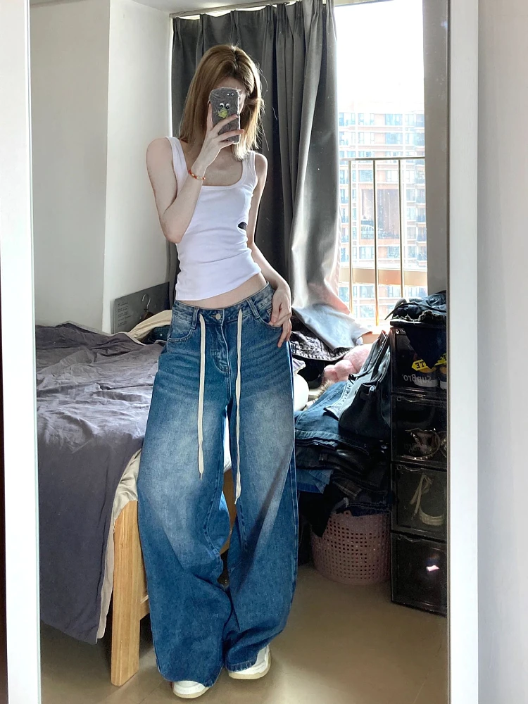 Woman Jeans Drawstring Tie-dyed Solid Color Low Waist Denim High Street Hip-hop Grunge Gyaru Aesthetics Baddie Style 90s Ins