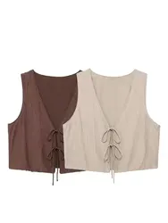 HH Women Vintage Solid Bow Lace Up Short Vest Casual Summer V Neck Sleeveless Vests Female Fashion Streetwear Tank Tops