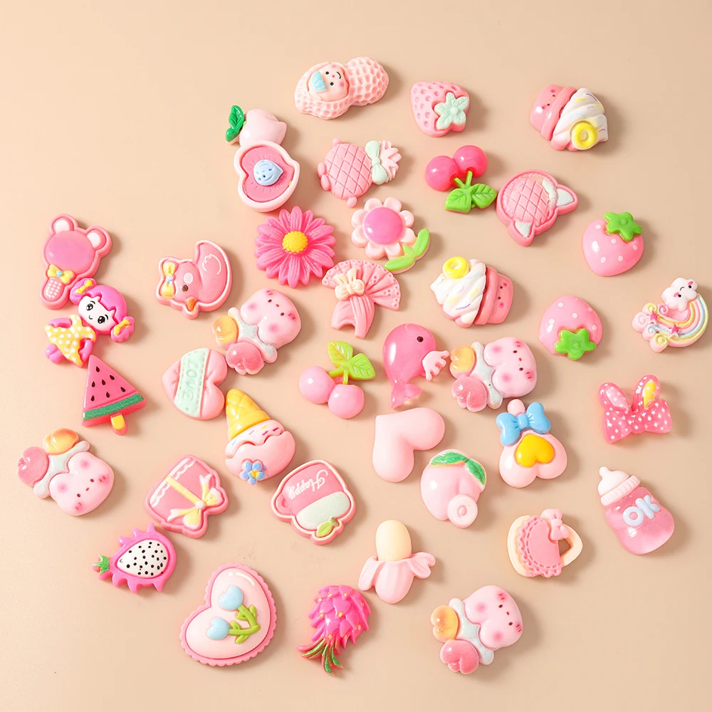 Leslie Mix 20pcs Pink Animal Flower Heart Charms Flatback Cabochon Embellishments DIY Scrapbooking for Hairpin Brooch Gifts