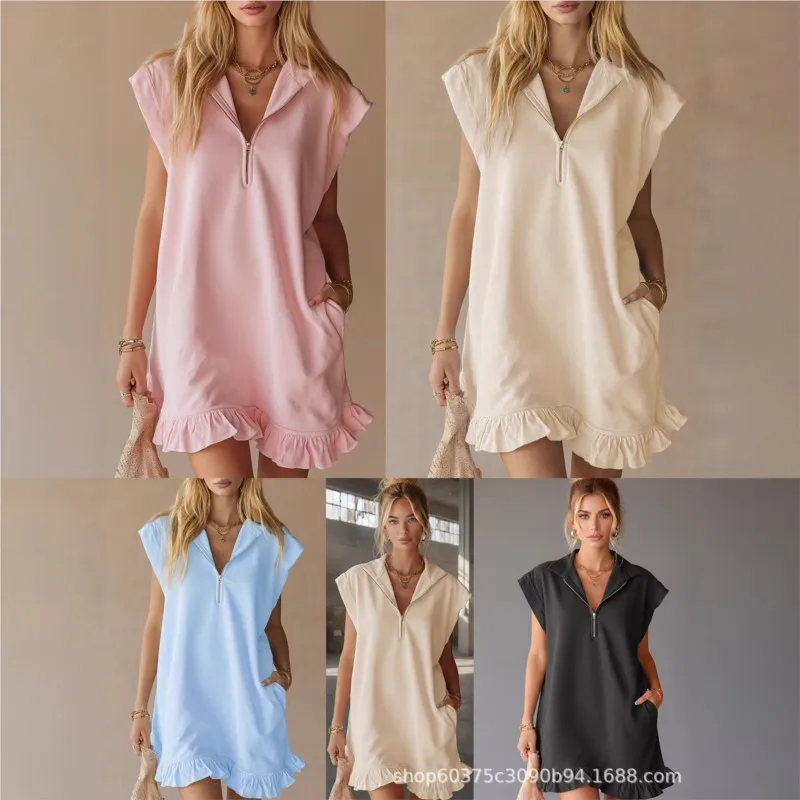 

Solid Color Short-sleeved Dress 2026 New Spring And Summer Temperament Loose Casual Zipper Lapel Women's Ruffle Straight Dress