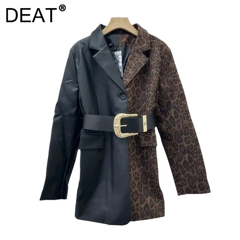 DEAT Women's Blazer Patchwork Pu Leather Leopard Pattern Cotton-padded Belt Waist Suit Jackets 2025 New Spring Fashion 29L9381