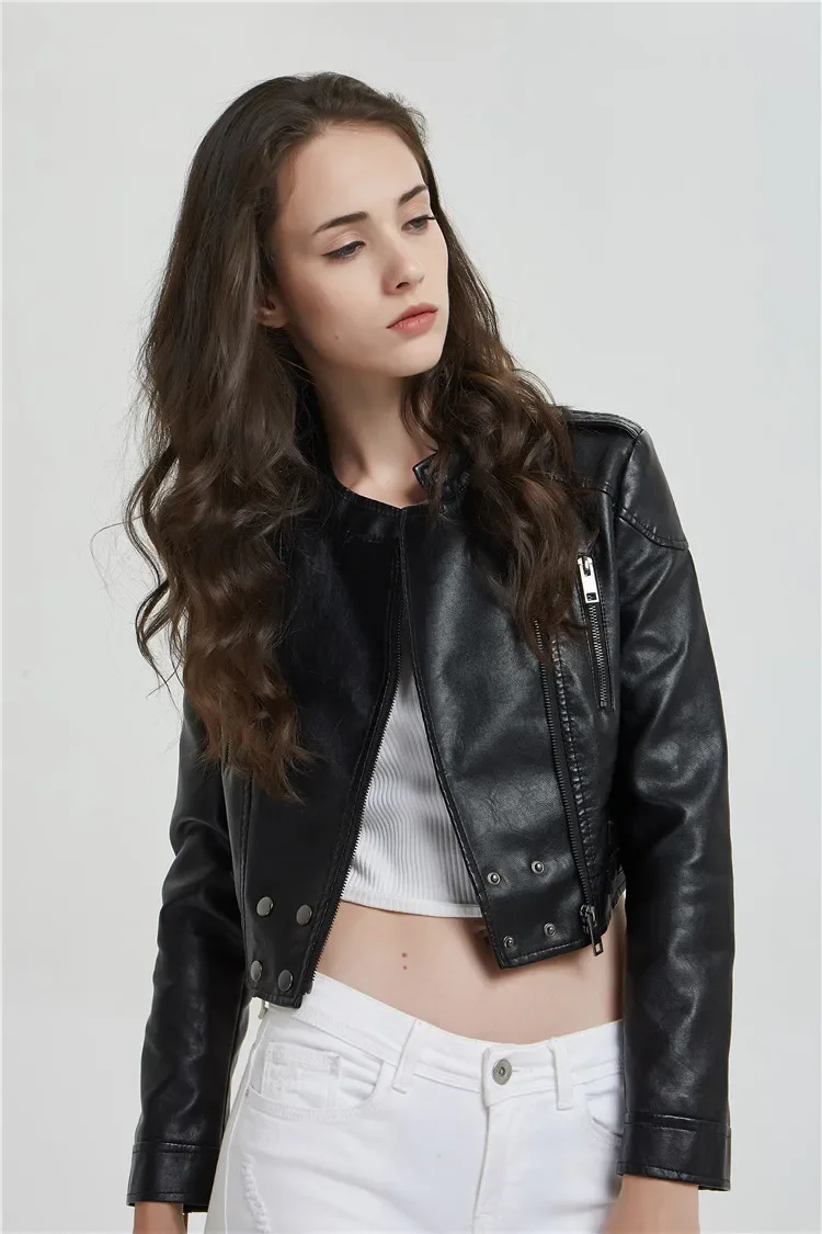 2024 New Spring Autumn Short Style Slim Rivet Black Leather Jacket Women Fashion Stand Collar Motorcycle Style PU Leather Jacket