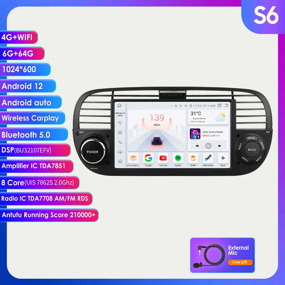 2 din Android Autoradio voor Fiat 500 2007-2015 Carplay Multimedia Video Player Autoradio Stereo 7 inch Intelligente GPS scherm