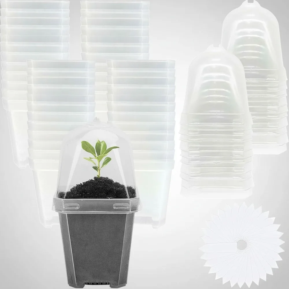 

50 Pcs Clear Plant Nursery Pots with Humidity Dome - 3" Reusable Plastic Gardening Pots for Seedlings, Vegetables & Succulents