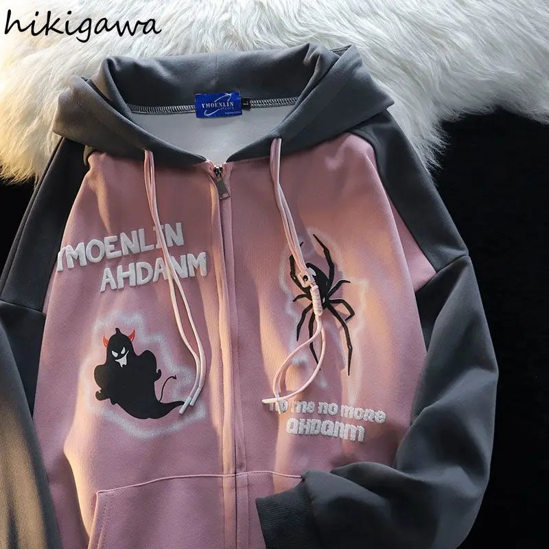 Streetwear Anime Hoodie Women\'s Spider Print Hooded Zipper Y2k Jackets 2024 Ropa Mujer Fashion Casual Thicked Sweatshirt Tops