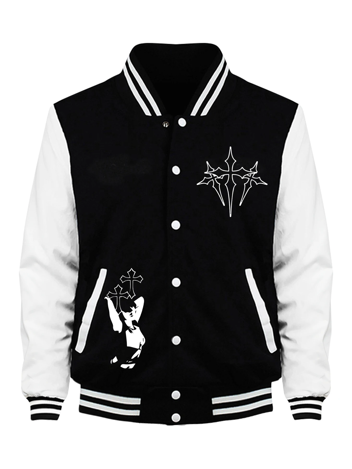 

Hollow Silhouettes And Patterns Print Male Baseball Jersey Loose Casual Jackets Street Fleece Tops Button Clothes For Men
