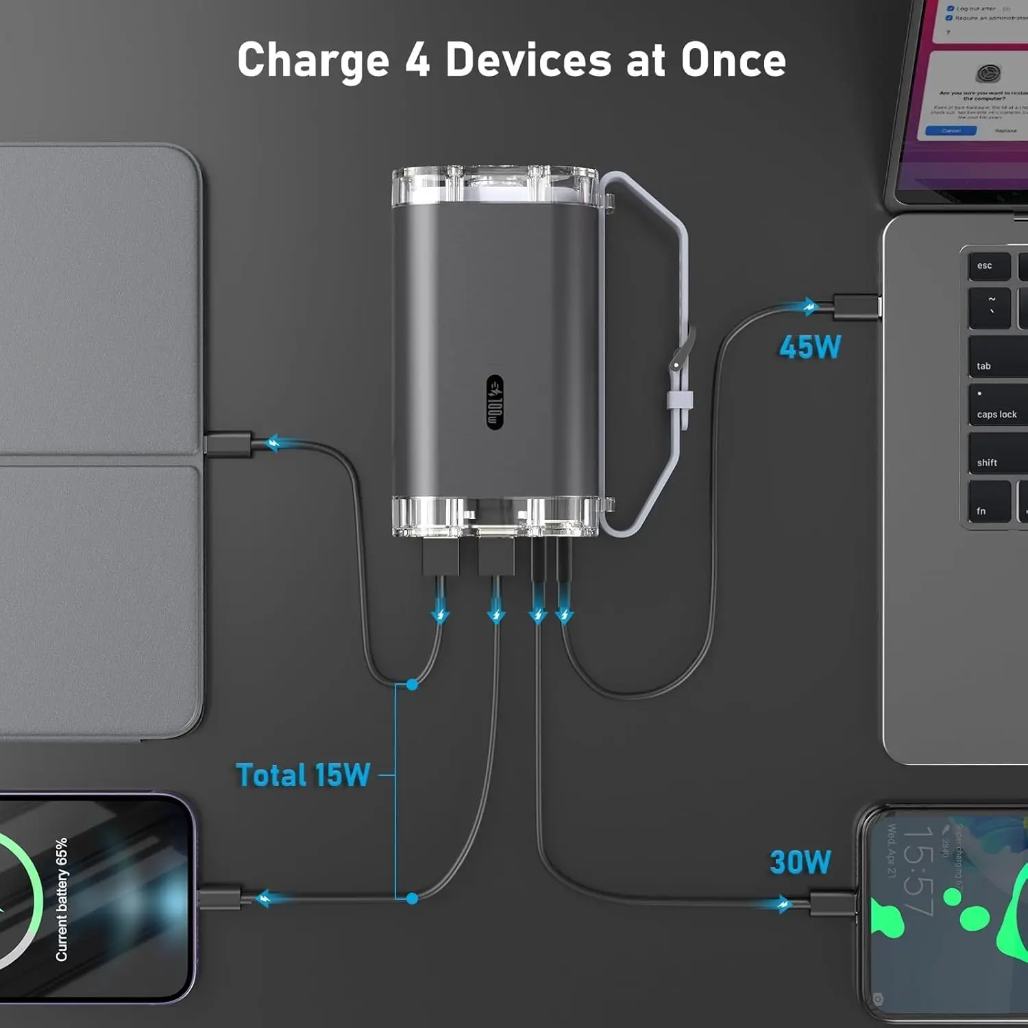 40000mA Power Bank For iPhone 14/13-100W Laptop Portable Charger, 4 Ports, LED Lights, See-Through IPS Screen