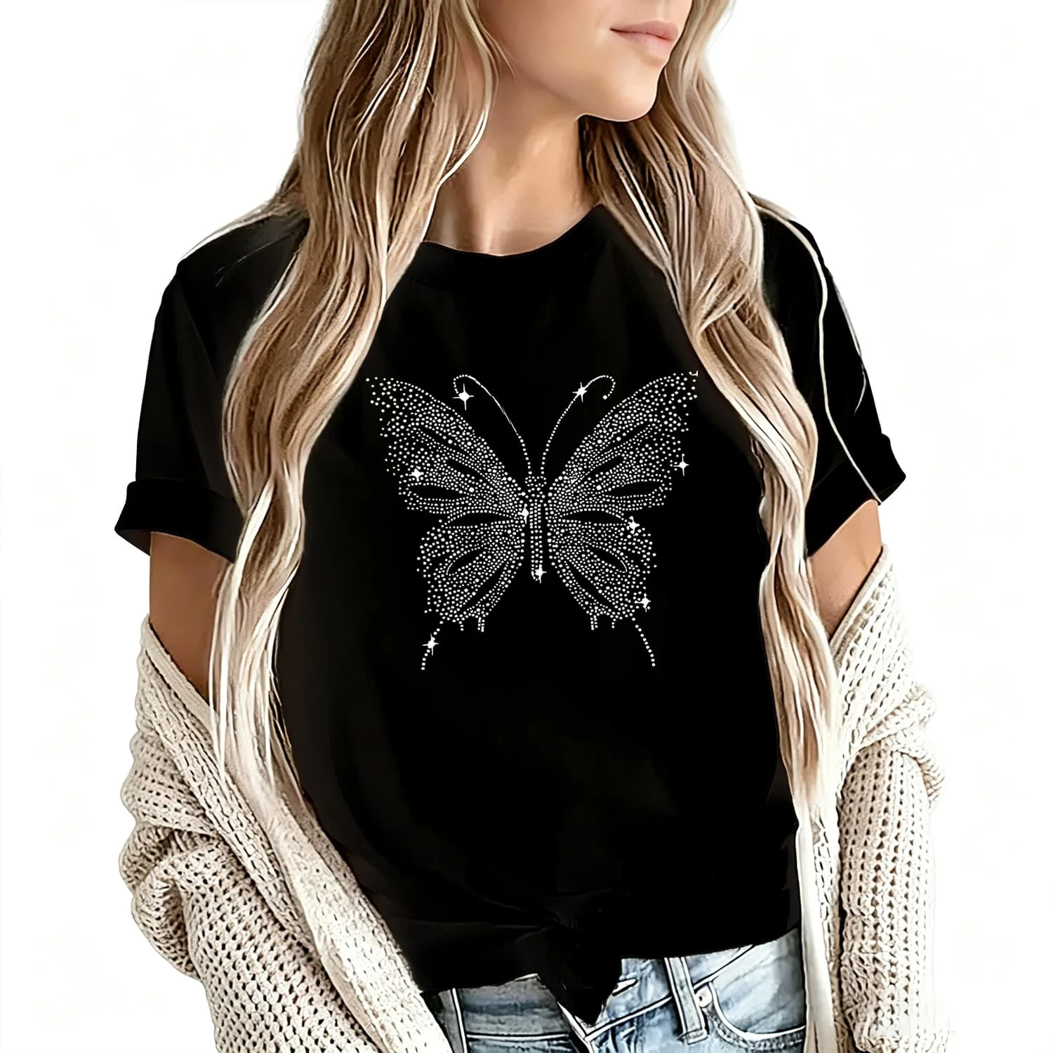 Blue Butterfly Print Women's T-Shirt 100% Cotton Funny Graphic Short Sleeve Tee Novelty Shirt Casual Crew Neck Top S-5Xl