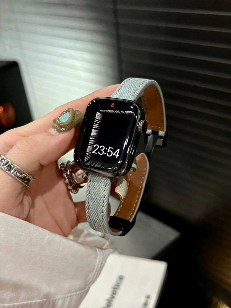 Denim magnetik gelang untuk Apple Watch, Ultra 44mm 45mm 49mm 40mm 42mm 38mm tali gelang kulit untuk iWatch seri 9 7 8 6 5 4 SE