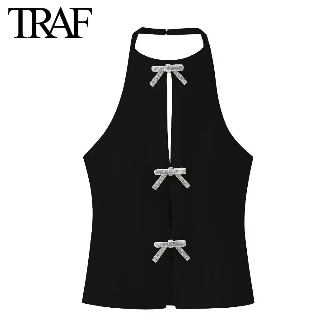 TRAF Women Fashion Summer New Sleeveless Jewelry Bow Halter Top Blouse Street Clothing Vest Tank Chic Ladies Crop Tops Mujer