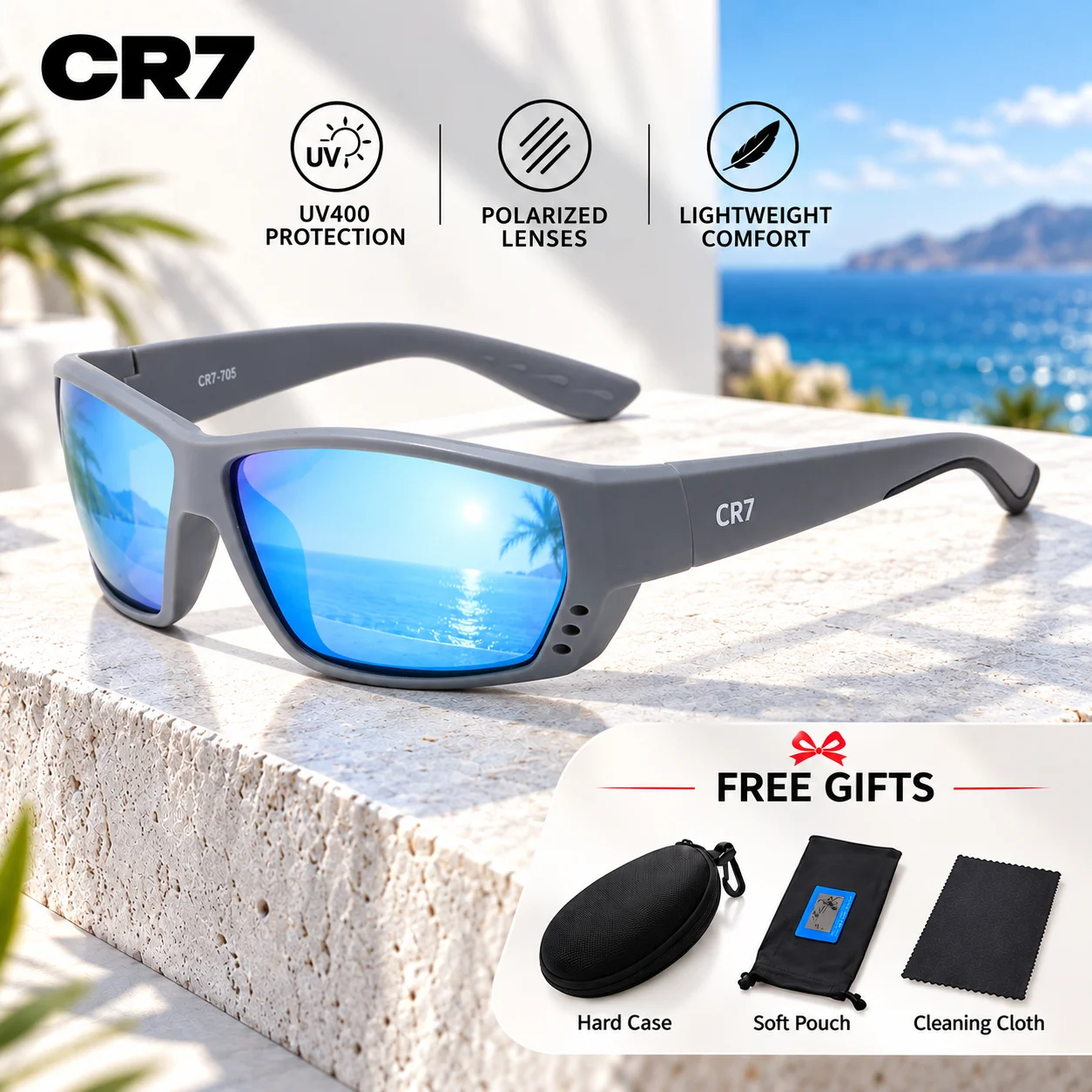 CR7 Fashion Polarized Sports Sunglasses Men UV400 Protection Fishing Eyewear for Bicycle Riding Trekking Hiking Running Outdoor