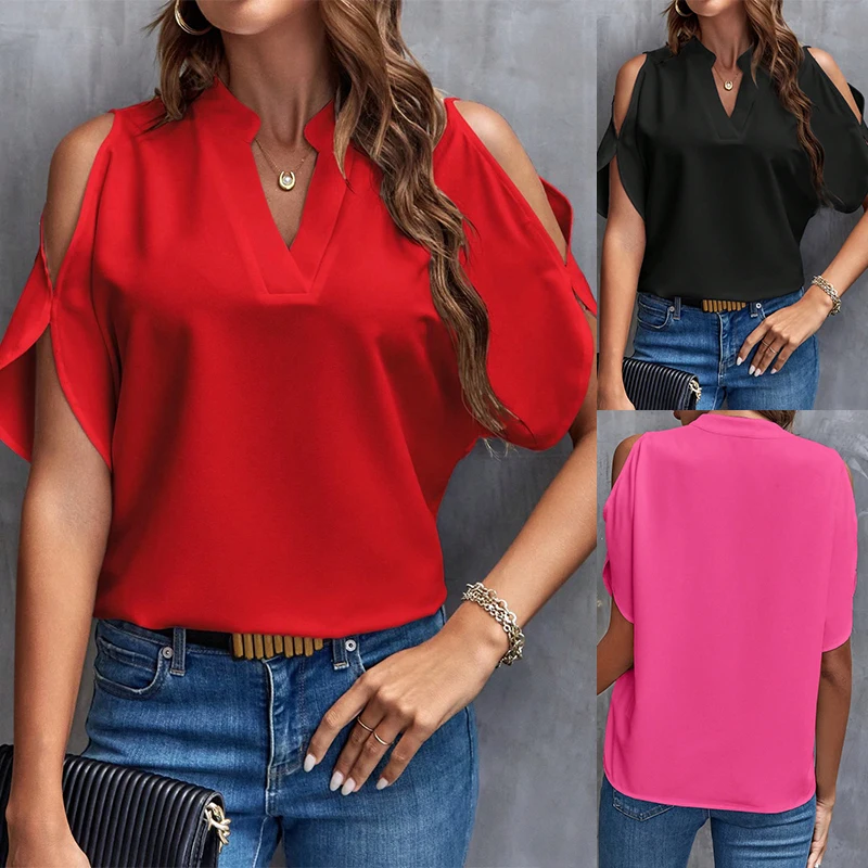 Summer Fashion Off-the-shoulder Short Sleeves for Women V-neck Tank Top 2024 New Casual Solid Color Comfort Grace Ladies Tops