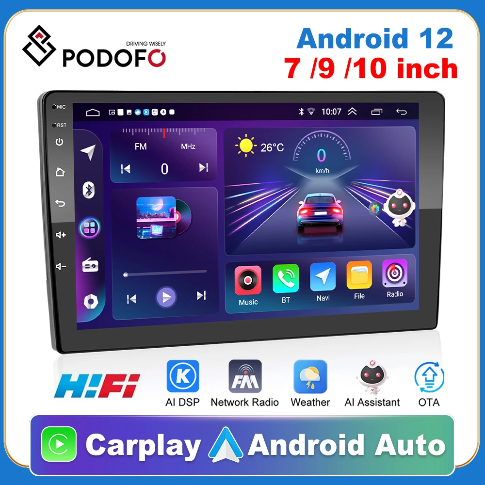 Podofo Car Radio 2 Din Carplay Android 12 Multimedia Player GPS Autoradio For Volkswagen Nissan Toyota Hyundai Kia