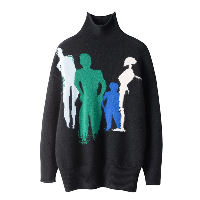 

designers abstract jacquard sweaters luxury 100% winter thick turtleneck knitwear