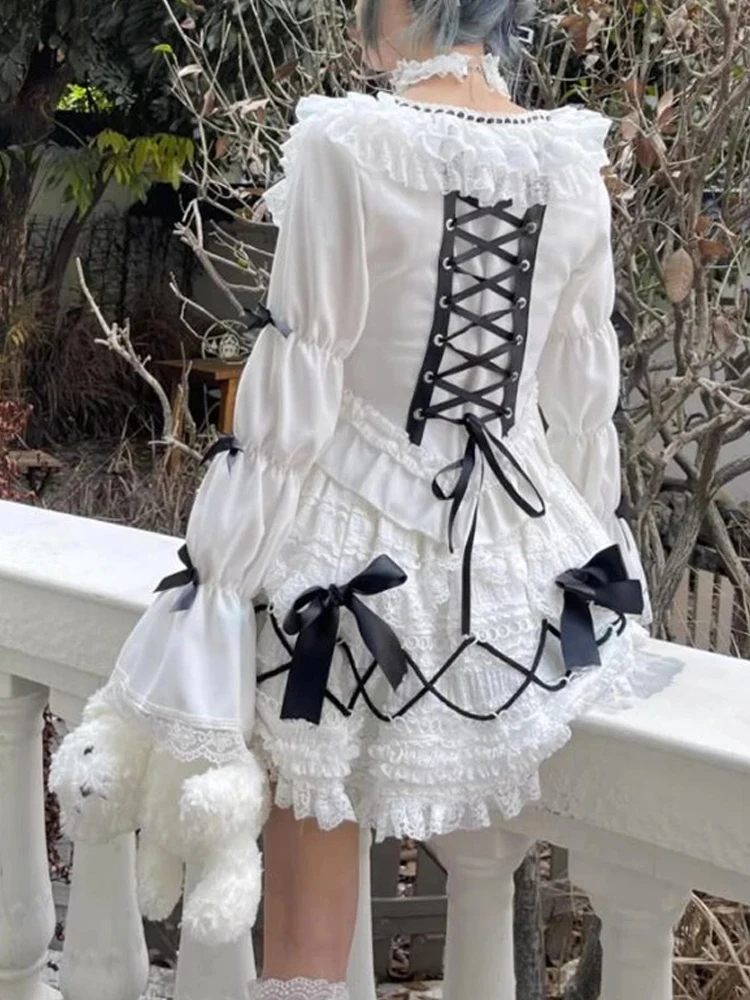 Gothic Lolita Cross Bow Lace Cake Skirt Harajuku Y2k Vintage Women Japanese Fairy Grunge Pleated Ball Gown Kawaii Mini Skirts