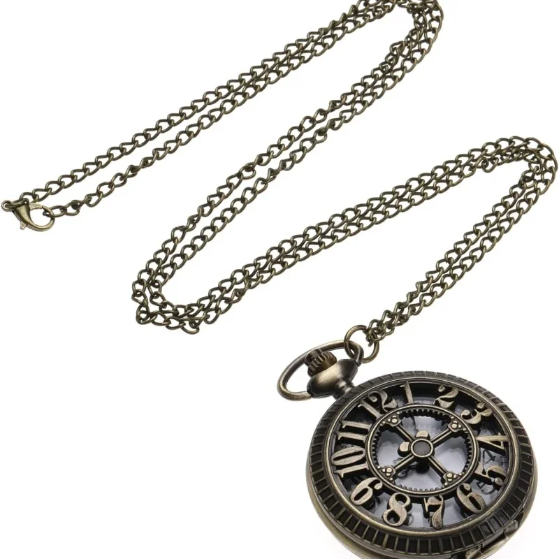Mini Bronze Hollow Quartz Pocket Watch for Men Women Vintage Exquisite Pocket Clock Arabic Numerals Dial Necklace Watch