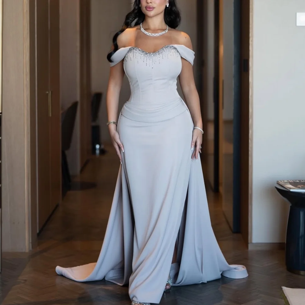 Customized Elegant Classic Jersey Beading Sequined Pleat Mermaid Off-the-shoulder Floor-Length Evening Dresses for Woman