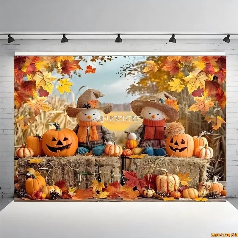 Halloween Day Autumnal Pumpkins Photography Backdrops Props Maple Leaf Scarecrow Farm Harvest Thanksgiving Background RR-09
