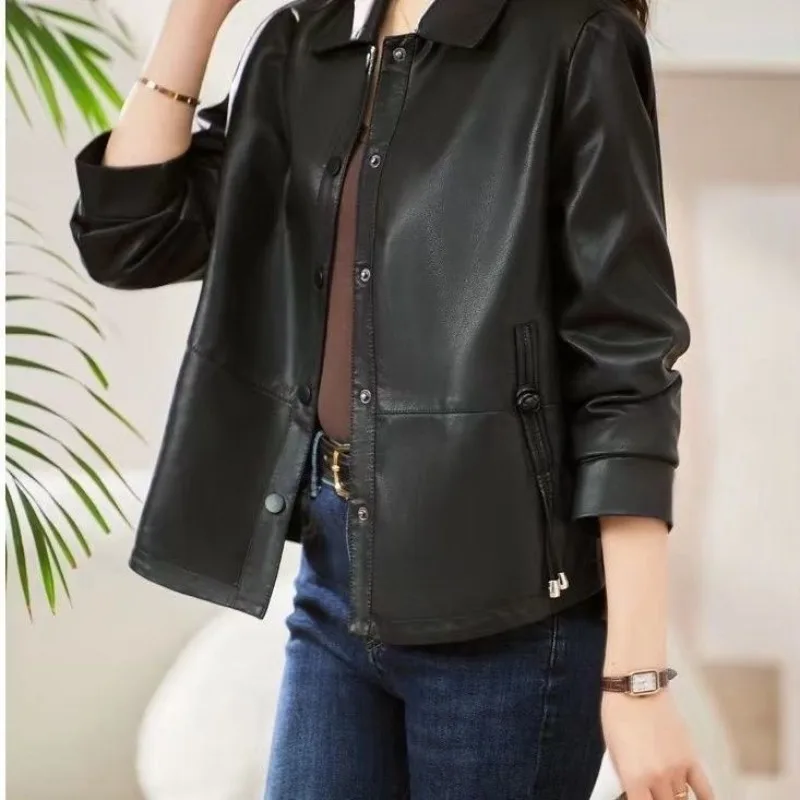 2026 Spring and Autumn New Large Size Short Mom Lapel Leather Jacket Women's Loose Skinny Top Casual Leather Jacket
