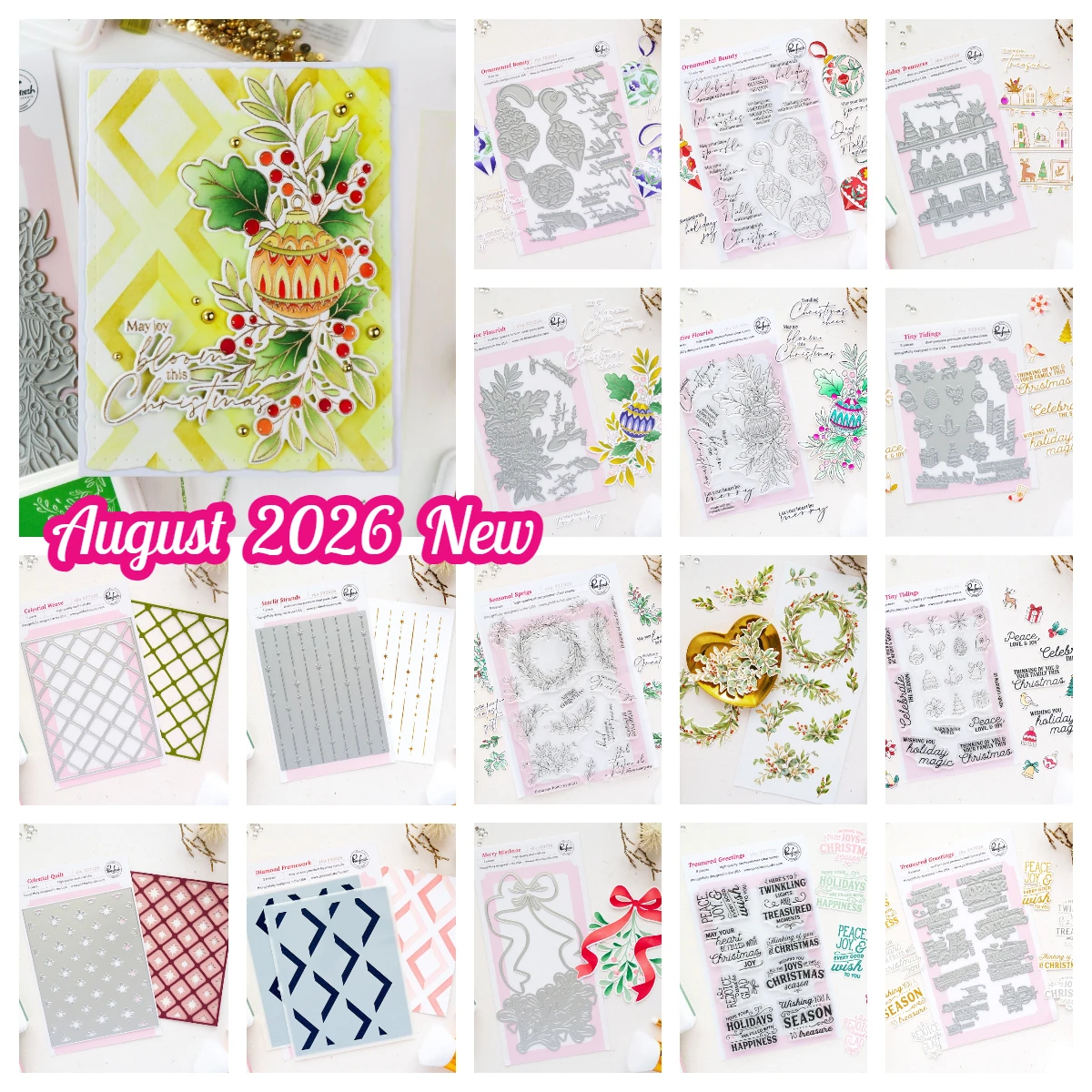 Pink Fresh Holiday Floral Metal Cutting Dies & Clear Stamps Set Christmas Winter Bow Wreath Scrapbooking Paper Craft Card Making