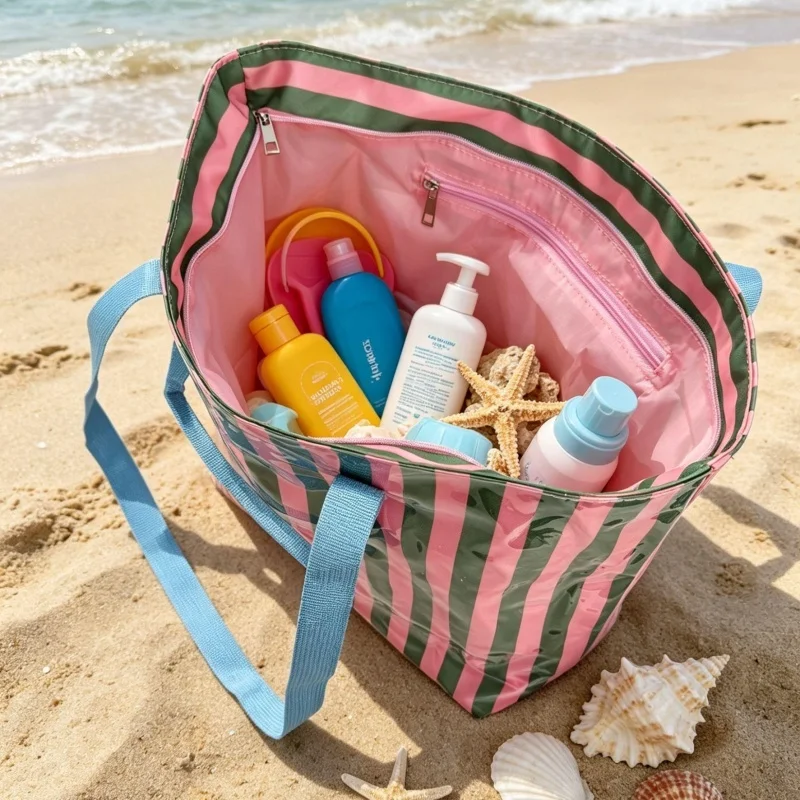 Striped waterproof large capacity beach bag for women, polyester handle shoulder bag, seaside travel storage bag