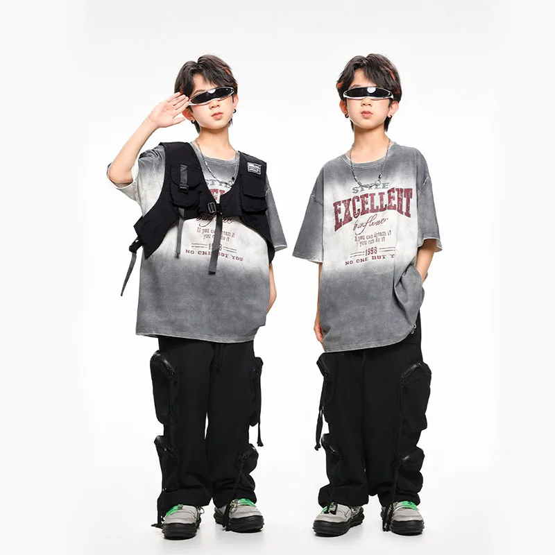 Kid Hip Hop Clothing Gray White T Shirt Top Black Vest Casual Multi Pockets Cargo Pants for Girl Boy Jazz Dance Costume Clothes