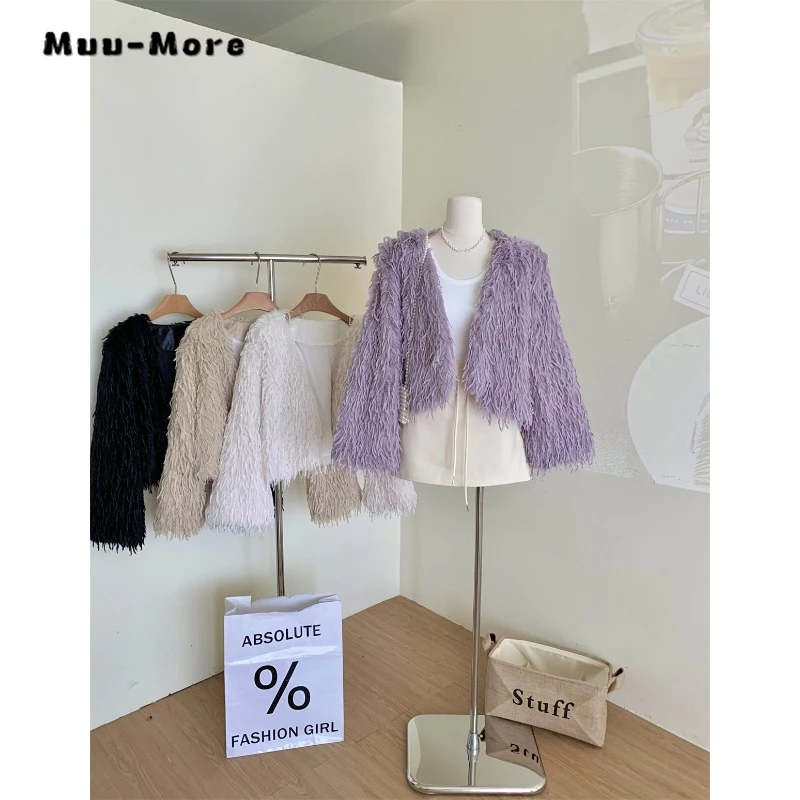 2023 Winter Korean Clubwear Style V-neck Wide Waisted Fur Jacket For Women Luxury Fashion Elegant Sexy Slim Warm Solid Coat