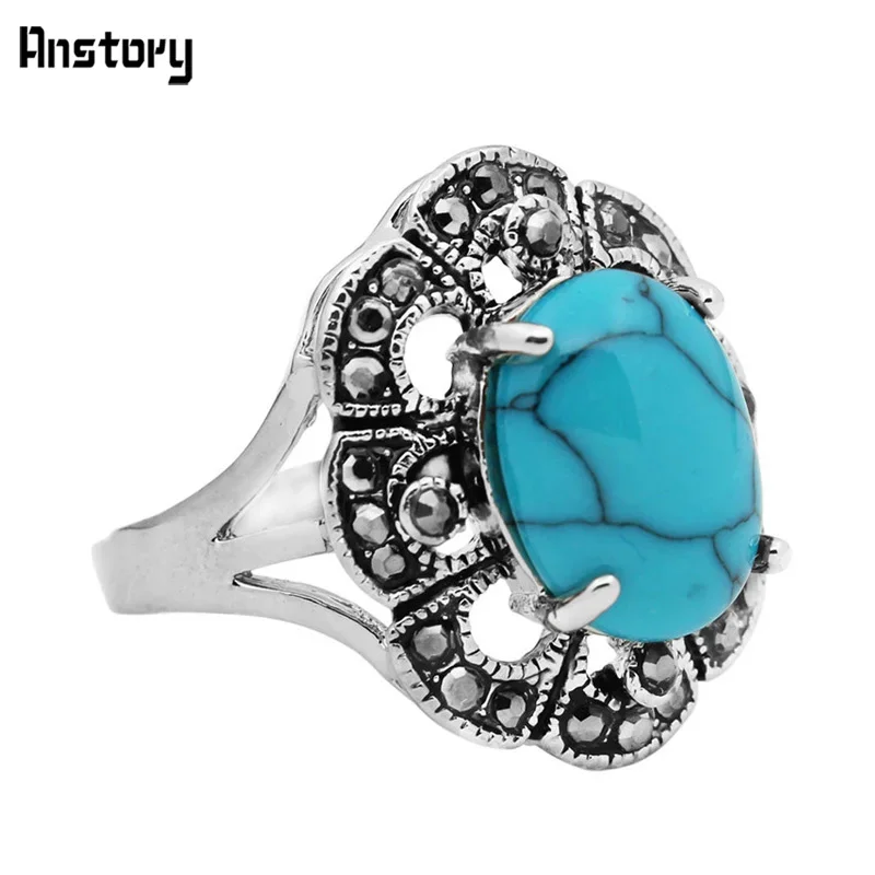 Vintage Plumflower Rhinestone Howlite Synthetic Turquoise Rings For Women Antique Silver Plated Fashion Jewelry