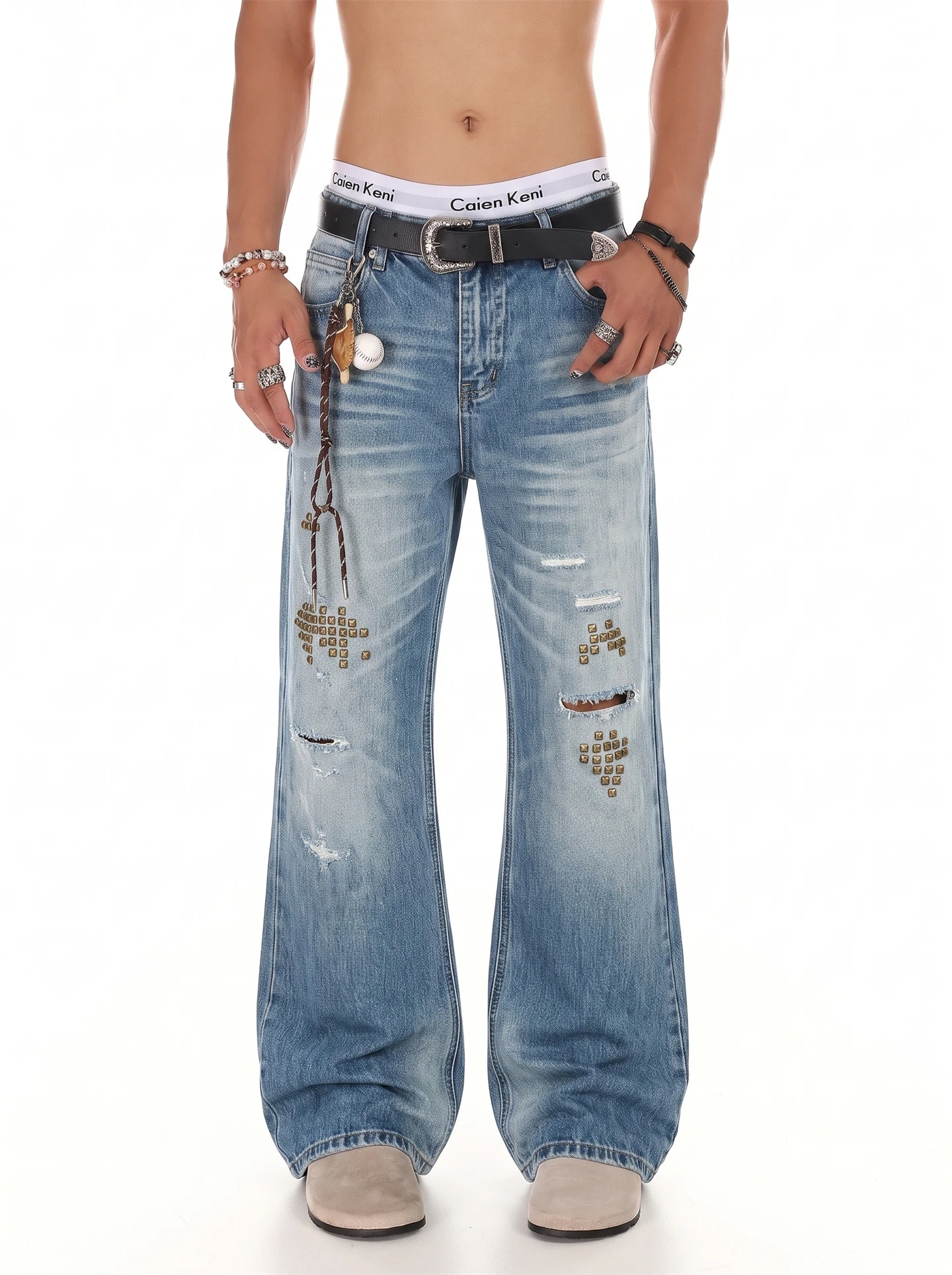 Retro American High Street Hole Rivet  Lightning Pattern Subculture Straight Leg Bell Bottoms Jeans Men's Casual Wear