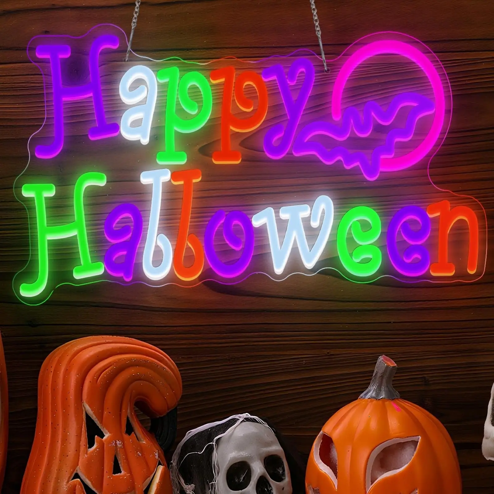 カラフルなハッピーハロウィンネオンサイン、usb電源、壁飾り、プレゼント、寝室、ホームバー、ハロウィンパーティーの装飾、コウモリの形をした洞窟、ベッドルーム用