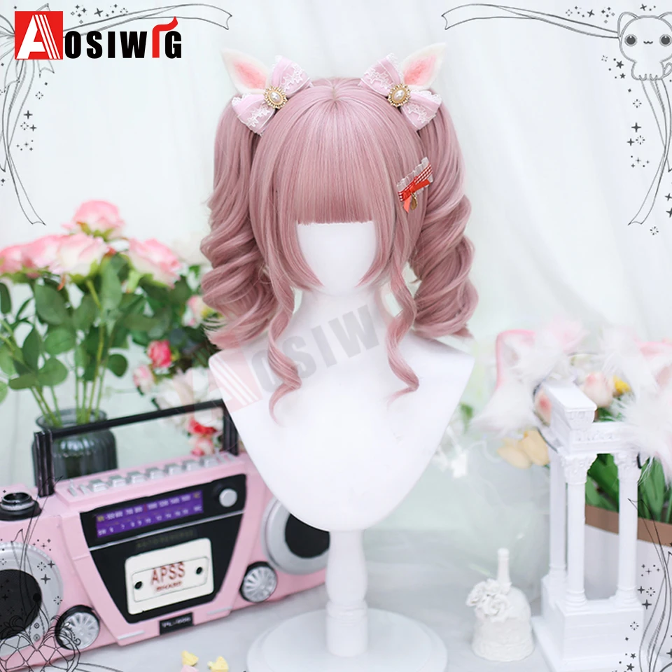 Synthetische Lolita-Perücke im Prinzessinnen-Schnitt mit doppeltem Pferdeschwanz und Pony, für Mädchen, Ombre, Blond, Braun, Weiß, Grau, Cosplay, Halloween, Harajuku-Perücke