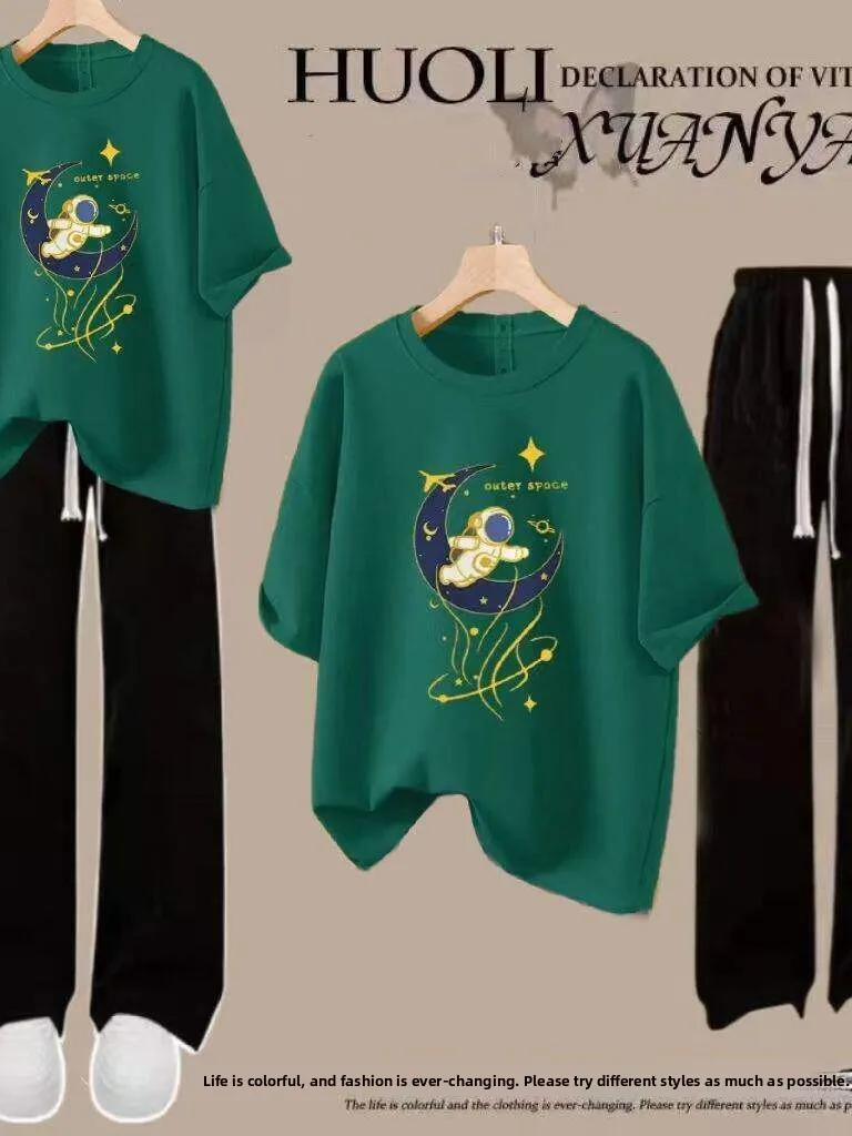 

plus Size 300 Pounds Casual Sportswear Set Short Sleeve T-Shirt And Sweatpants Two-Piece Suit for Plump Sister Summer Fashion