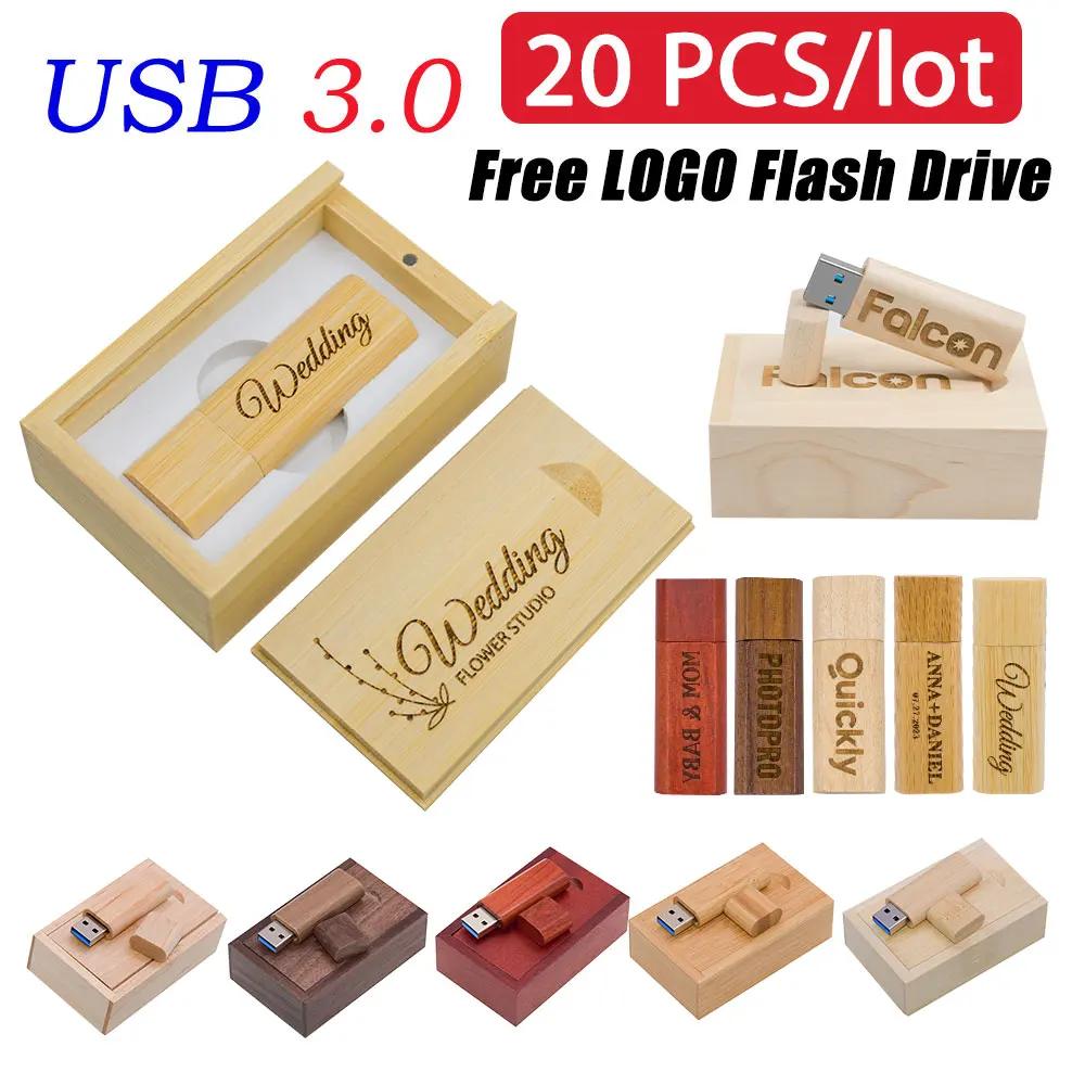 20 PCS LOT Free Custom Logo USB 3.0 Flash Drive 128GB Beautiful Wooden Box Memory Stick 64GB Creative Gift Pen Drive 32GB 16GB
