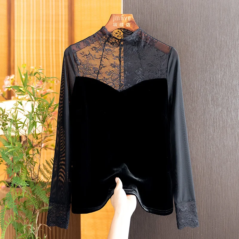 New Chinese-Style Silk Velvet Versatile Lace Base Shirt for Women, 2026 Autumn New Product, National Style Fashionable Long-Sleeve Top for Women