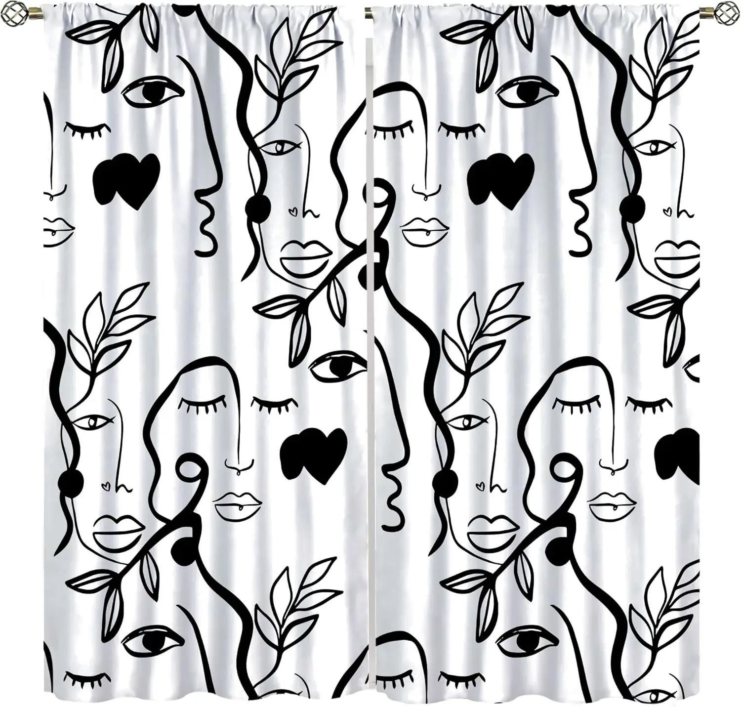 Modern Face Curtains, Black and White Lines Abstract Female Minimalist Geometric Lines Leaves, Bedroom Living Room Blackout