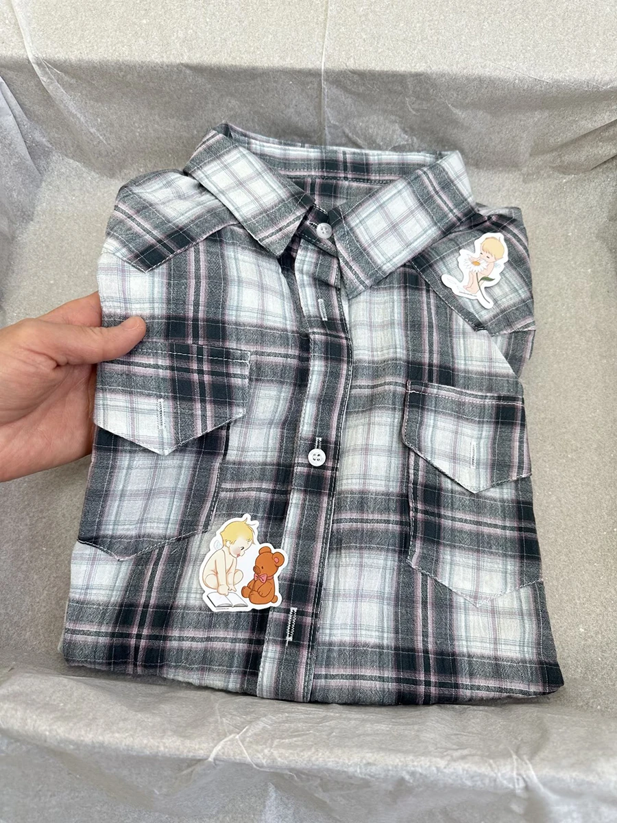

Pockets Grey Plaid Woman's Blouse Spring Turn Down Collar Single Breasted Loose Blouses Vintage Casual Preppy Style Cotton Shirt