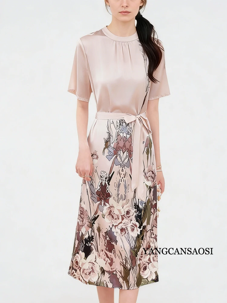 2026 Primavera/Estate delle donne Nuovo Stile 91.8% Seta di Gelso Naturale Raso Elastico Moda Stand-up Manica Corta Stampato Vestito Da Partito