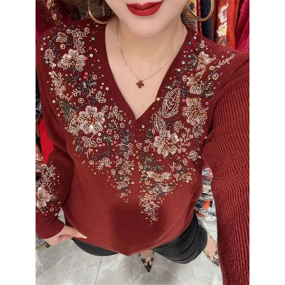 High Quality Women\'s Sweaters Spring Autumn New V-neck Long-sleeved Cardigans Middle Aged Mother Diamond Knitwear W2145
