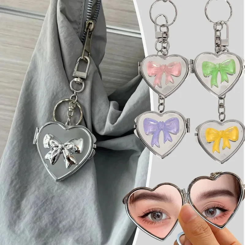 Heart Shape Bow Folding Mirror Keychain Charm Double Sided Love Cosmetic Mirror Key Holder Y2k Bag Pendant Trendy Decor Gifts