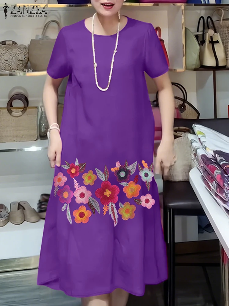 ZANZEA Sommer Floral Stickerei A-line Roben Femme Oansatz Frau Kurzarm Casual Vestidos Mujer Pendeln Knie-Länge Kleider
