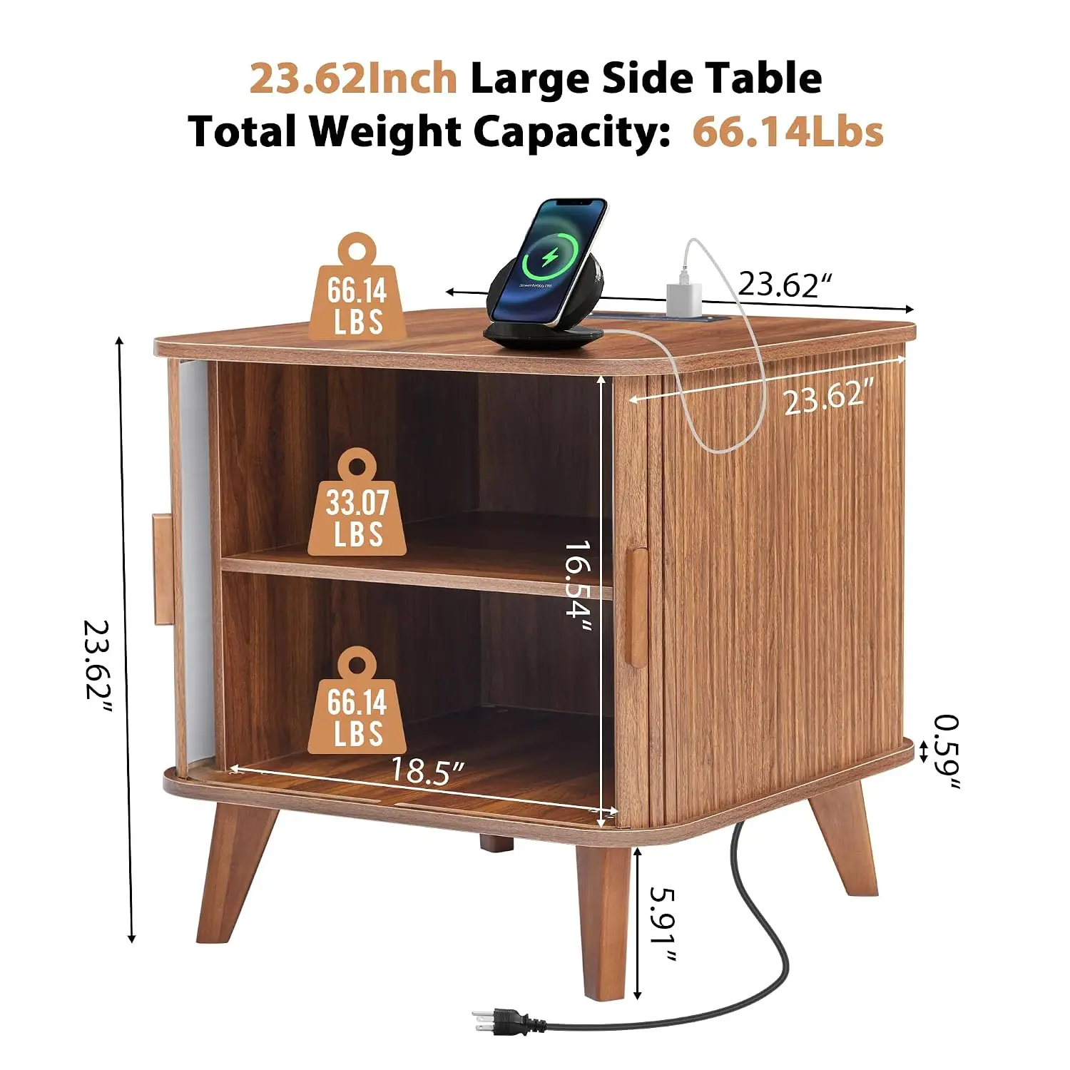 Modern End Table with Charging Station Fluted Walnut Side Table Nightstand, Customized