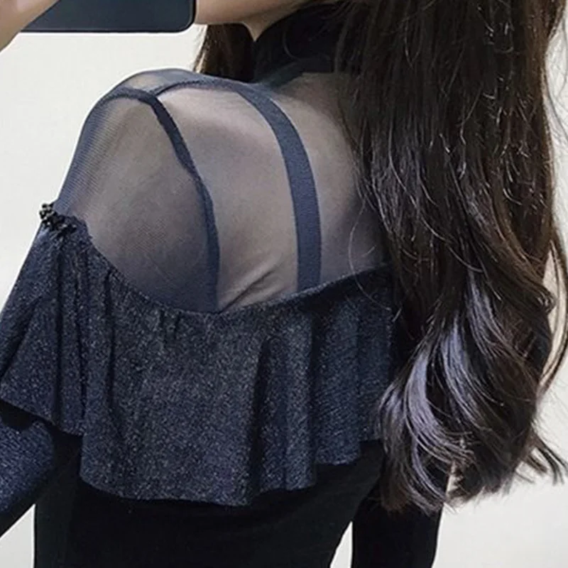 Spring 2024 New Korean Net Yarn Diamonds T-Shirts Women Clothes Fashion Bottoming Shirt Patchwork Long Sleeve Slim Ruffles Tops