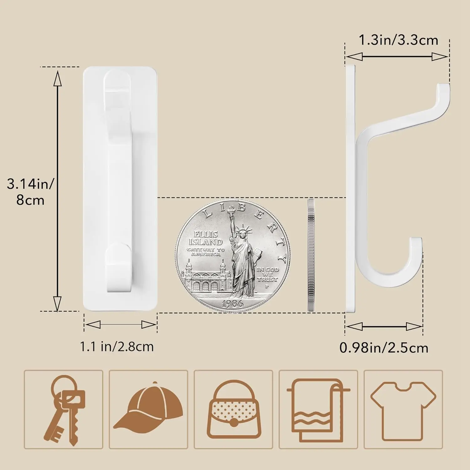 خطافات حائط لاصقة سعة 13 رطل، بيضاء - 4 عبوات للمعطف، المنشفة، الباب، خالية من الضرر #4