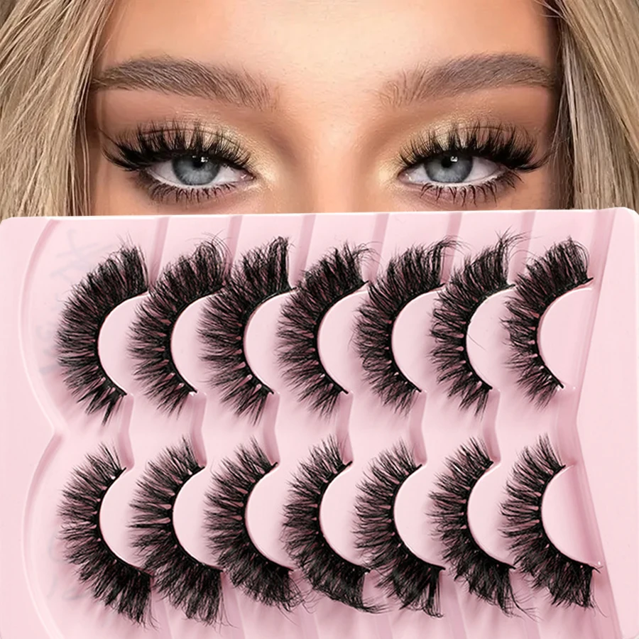 完全に光沢のある厚いまつげ - 7 ペア、目を強調するために使用されます。顔のメイクアップ、初心者でもまつげを再利用できます。